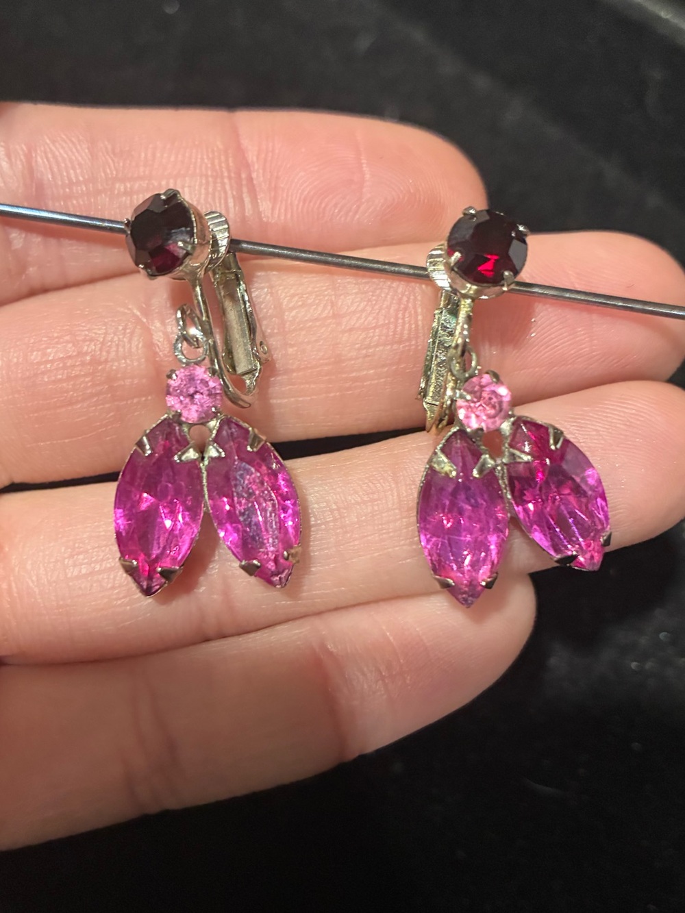 Vintage Signed Emmons Mid Century Pink Rhinestone Earrings